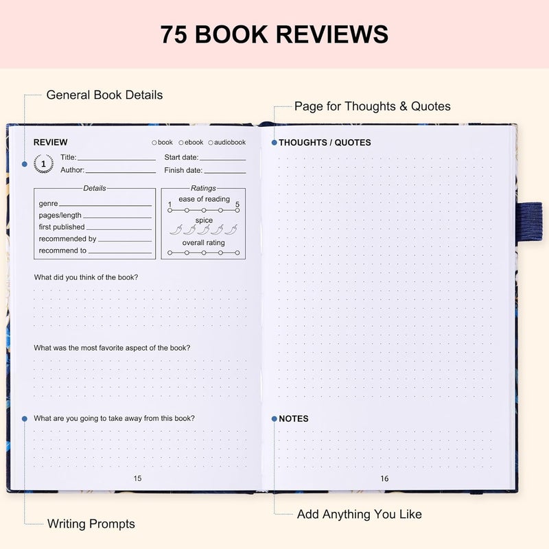 COMKISO Store Reading Journal for Book Lovers - 75 Book Journal Reading Log for Book Tracking, A5 Linen Book Review Journal with TBR Tracker List, Ratings, Challenges, Prompts, and Index - Floral - Image 4